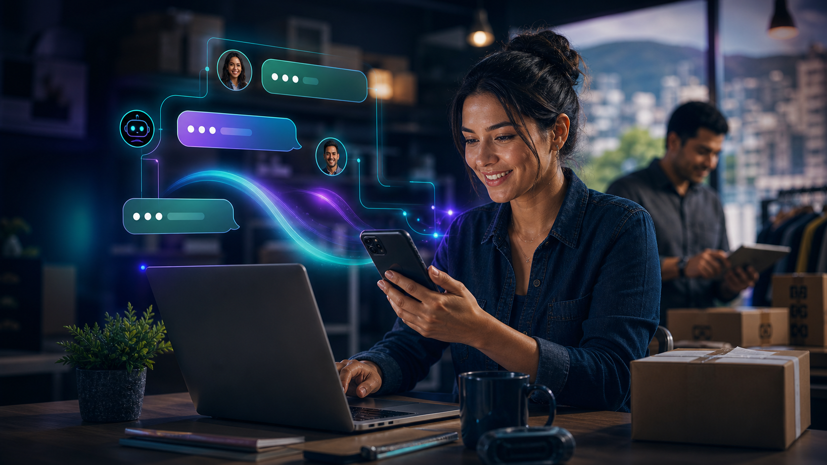 Vendedora gestionando conversaciones de clientes por WhatsApp con apoyo de IA