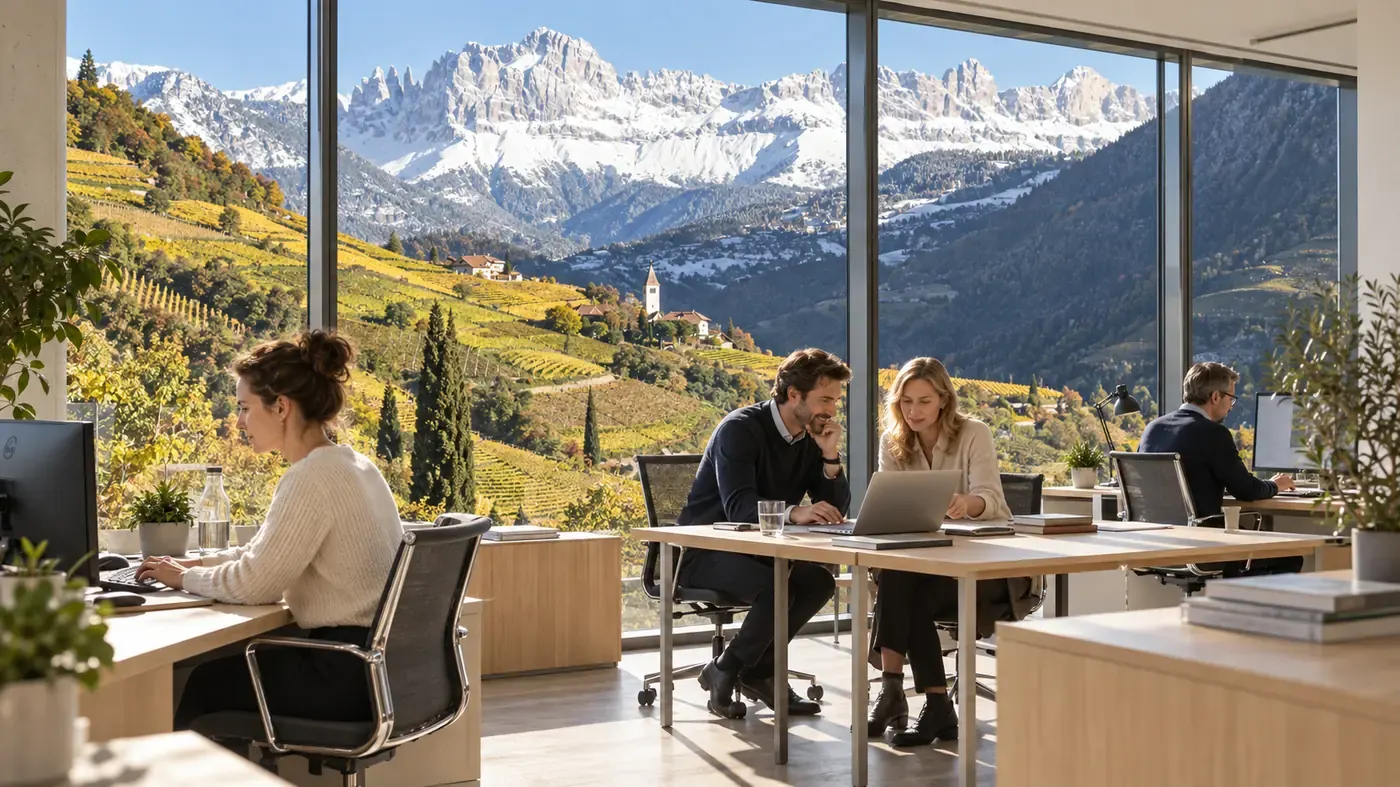 Modernes Büro mit Bergblick, Team bei der Arbeit